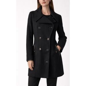 7 for All Mankind Black Wool Leather Trim Double Breasted Peacoat Women